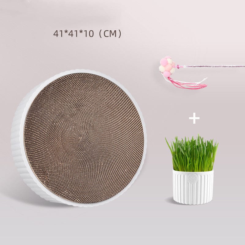Grattoir à chats Time and Space Compass, 41x41x10 cm, avec jouet et plante en pot pour le divertissement félin.