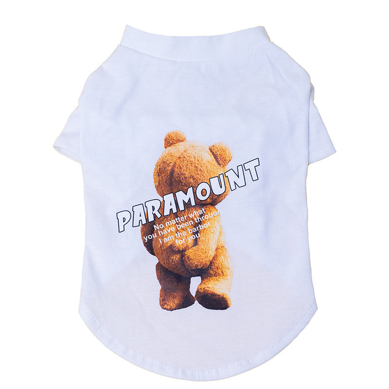 White t-shirt with teddy bear graphic and 'PARAMOUNT' text for pets and adults, featuring casual style.