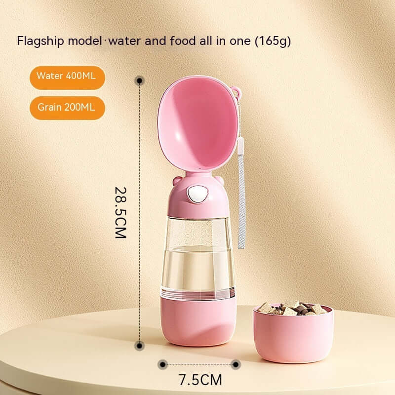Bouteille d'eau portable rose pour chien avec distributeur d'eau et nourriture, idéale pour les sorties.