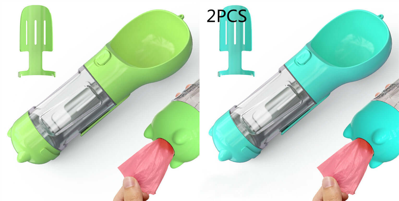 Bouteille d'eau portable pour animaux 3 en 1 en vert et bleu, avec ramasse-crotte inclus, pratique pour les promenades.