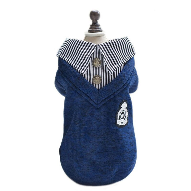 Sweatshirt pour chien en laine avec col inversé et boutons, style décontracté, couleur bleu.