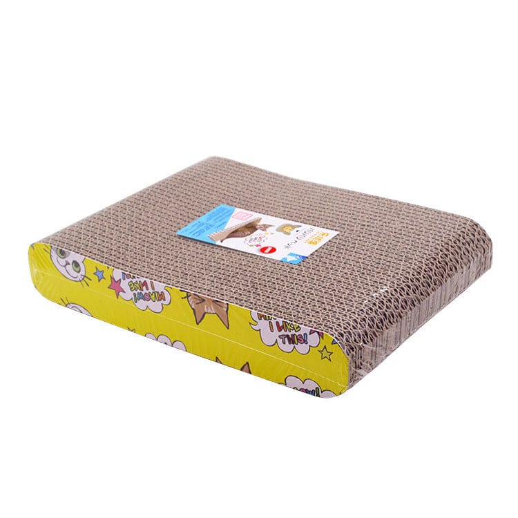 Tapis grattage en papier ondulé pour chat, forme rectangulaire avec motifs colorés, idéal pour le jeu et le grattage.
