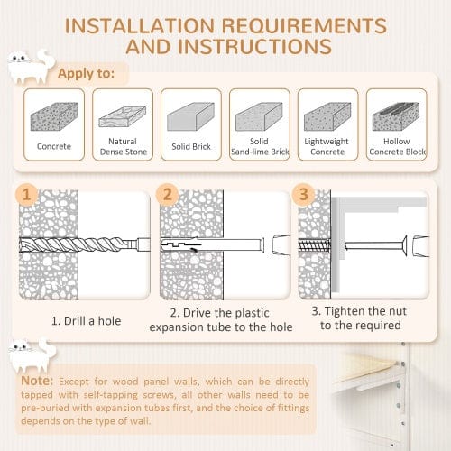 Installation instructions for PawHut wall shelves for cats, specifying concrete and other wall types.