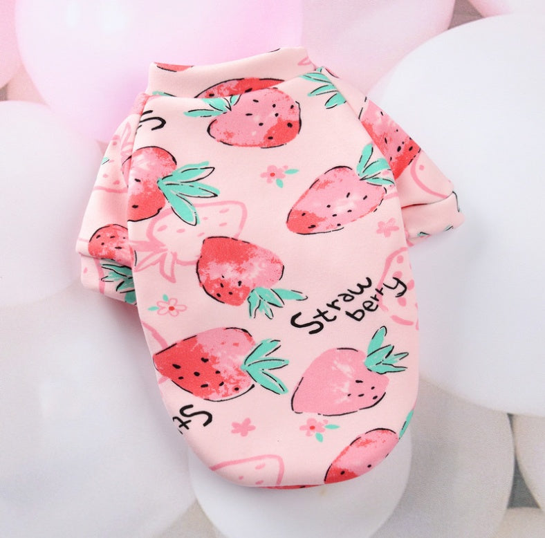 Vêtements pour petits chiens imprimés fraises, confortables, en polyester, adaptés à l'automne et l'hiver.
