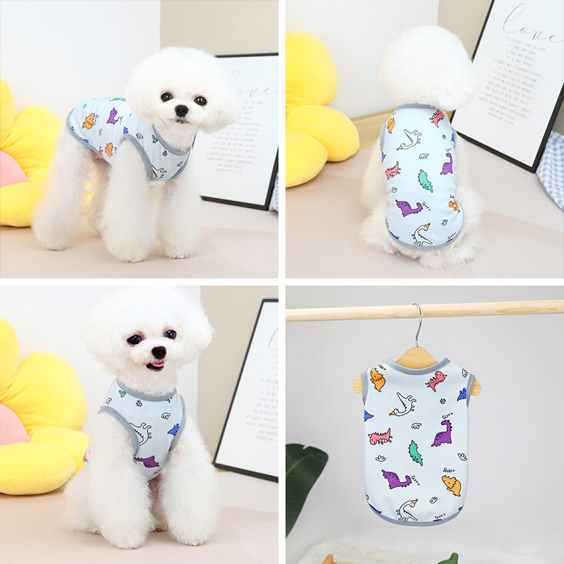 Vêtement pour chien à motifs colorés, idéal pour le printemps et l'été, confort en coton et polyester.