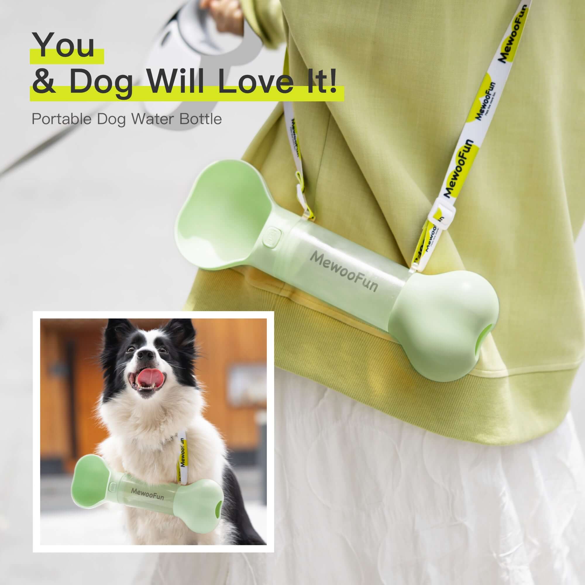 Mewoofun portable dog water bottle with bone shape, perfect for hydration on walks and travels.