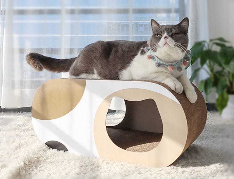 Chat se reposant sur une table de grattage ronde en papier ondulé, idéale pour le grattage.