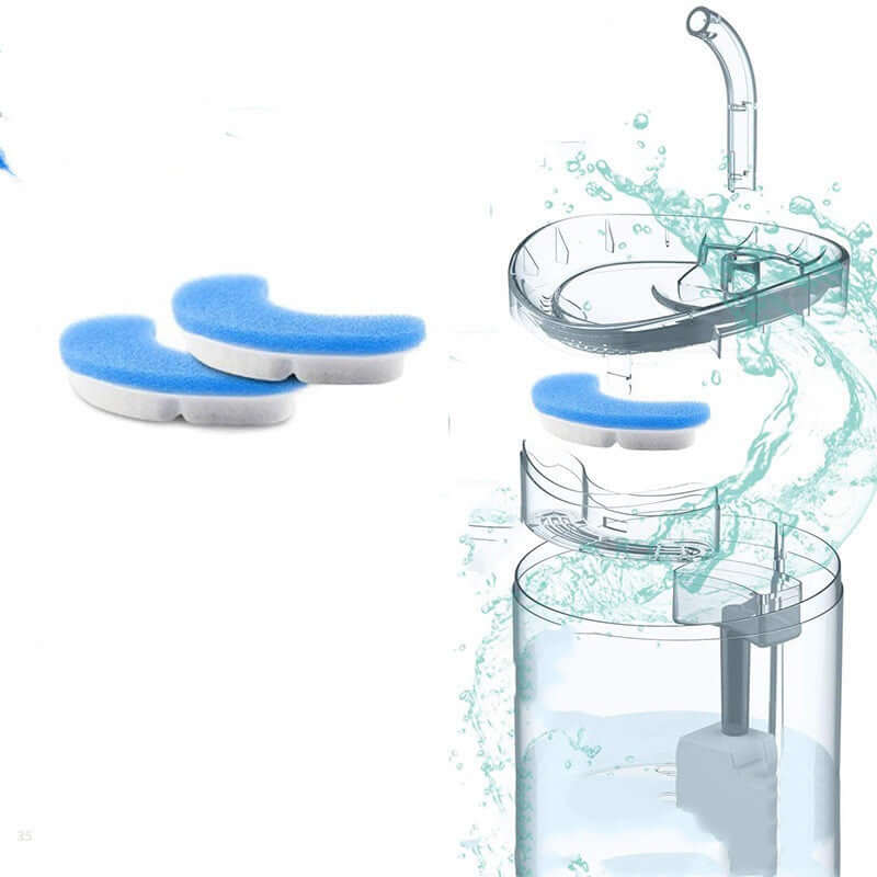Filtre à eau automatique pour animaux avec éponges filtrantes bleues, garantissant une eau propre et fraîche pour votre compagnon.