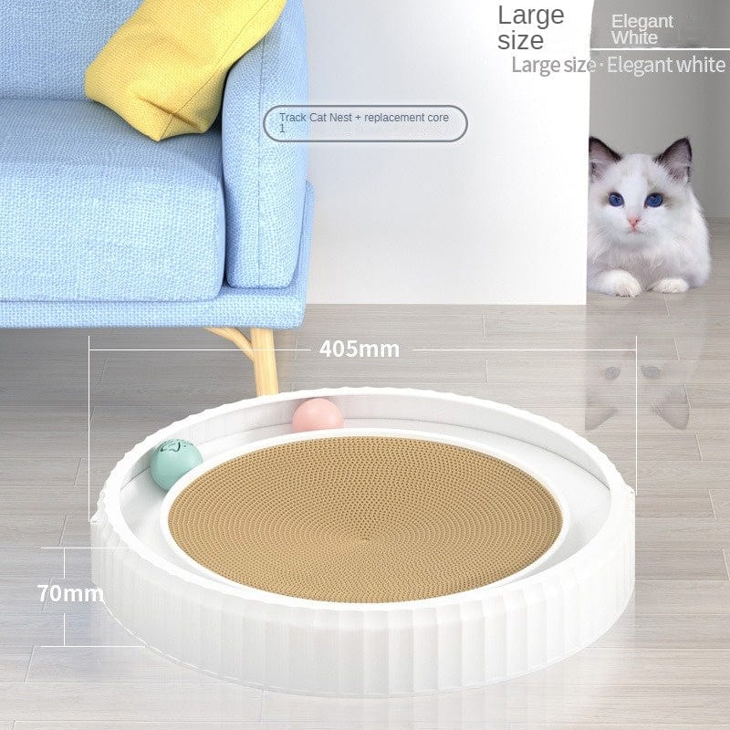 Planche à gratter ronde pour chat, élégante et durable, avec coussin à gratter et jouets interactifs.