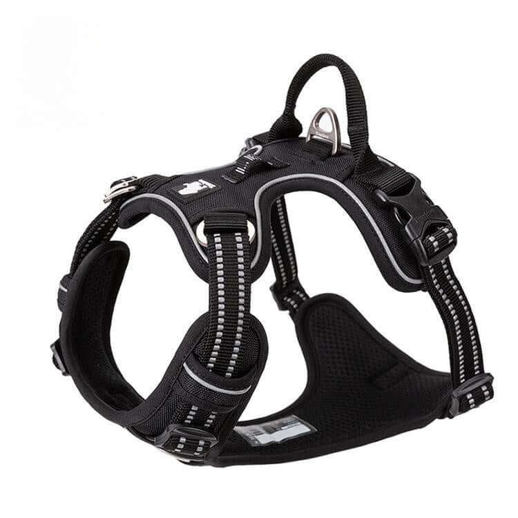 Gilet de sécurité pour chien en nylon noir, durable et résistant aux intempéries, avec sangle et corde de traction.