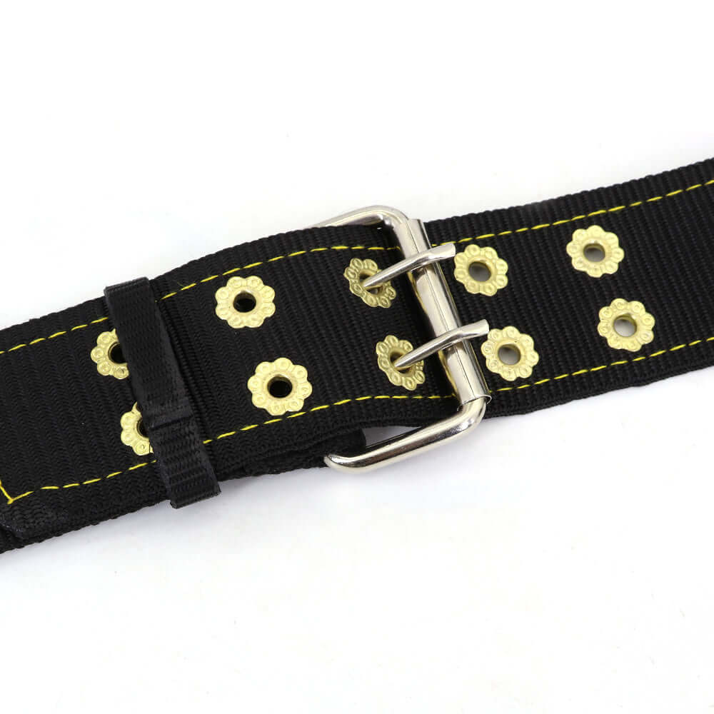 Collier pour chien en nylon noir avec boucles dorées et coutures jaunes.