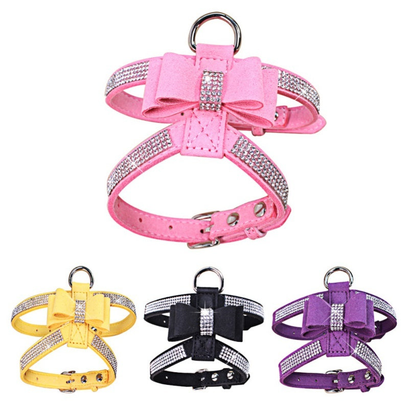 Harnais en velours à strass pour chiens et chats, disponible en plusieurs couleurs élégantes.