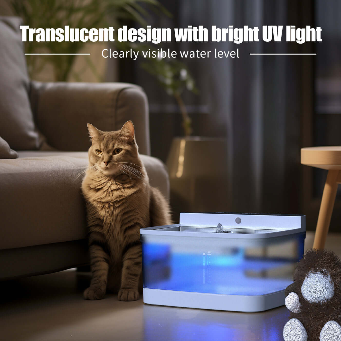Distributeur d'eau pour animaux avec design translucide et lumière UV, chat à côté.