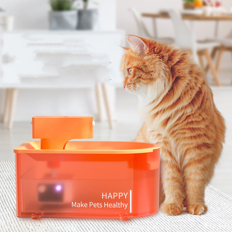 Distributeur d'eau infrarouge pour animaux avec un chat orange à côté, favorisant l'hydratation.