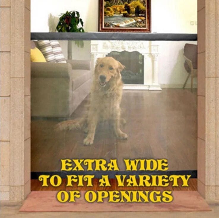 Clôture isolante pliable pour chiens, extra large pour différentes ouvertures, avec un golden retriever en arrière-plan.