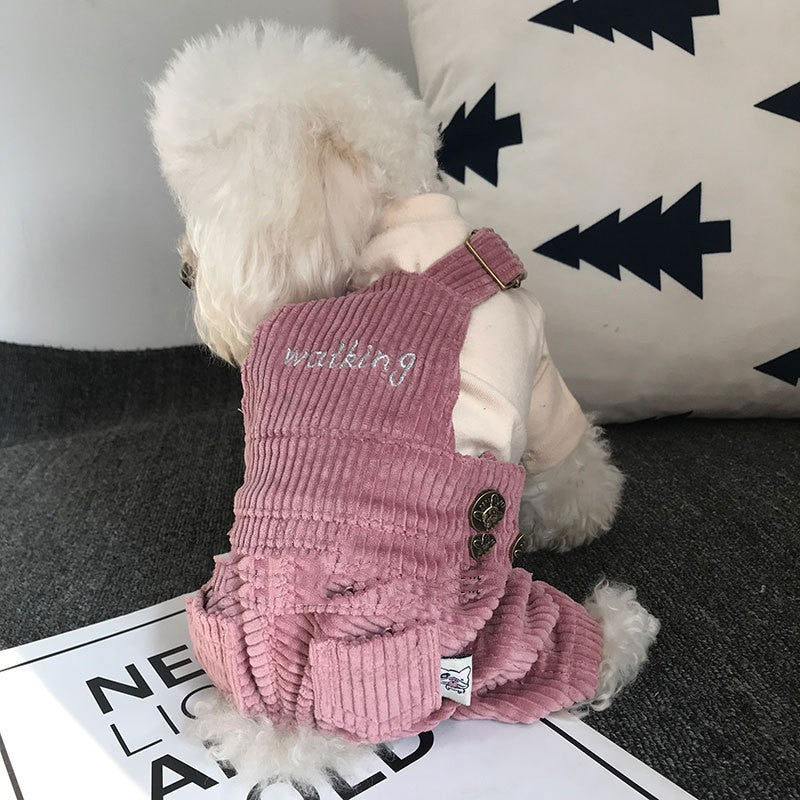 Salopette en velours côtelé pour animaux de compagnie, confortable et tendance, idéale pour l'automne et l'hiver.