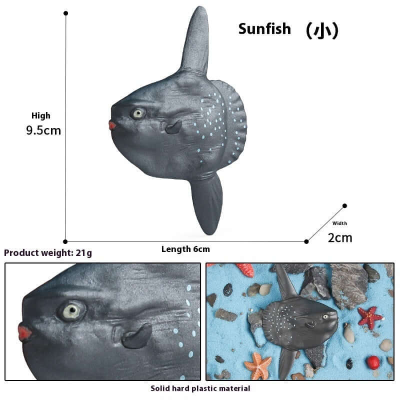 Sunfish toy model, 9.5cm high, 6cm long, made of solid plastic for educational play.