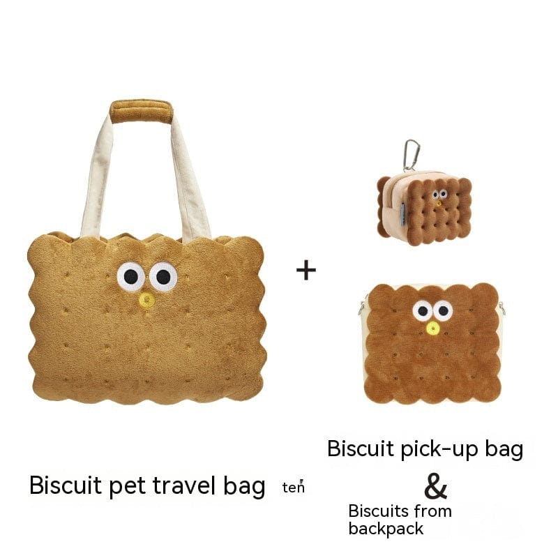 Sac à biscuits pour animaux avec visuel de biscuit et sac de ramassage, parfait pour vos sorties avec chiens et chats.