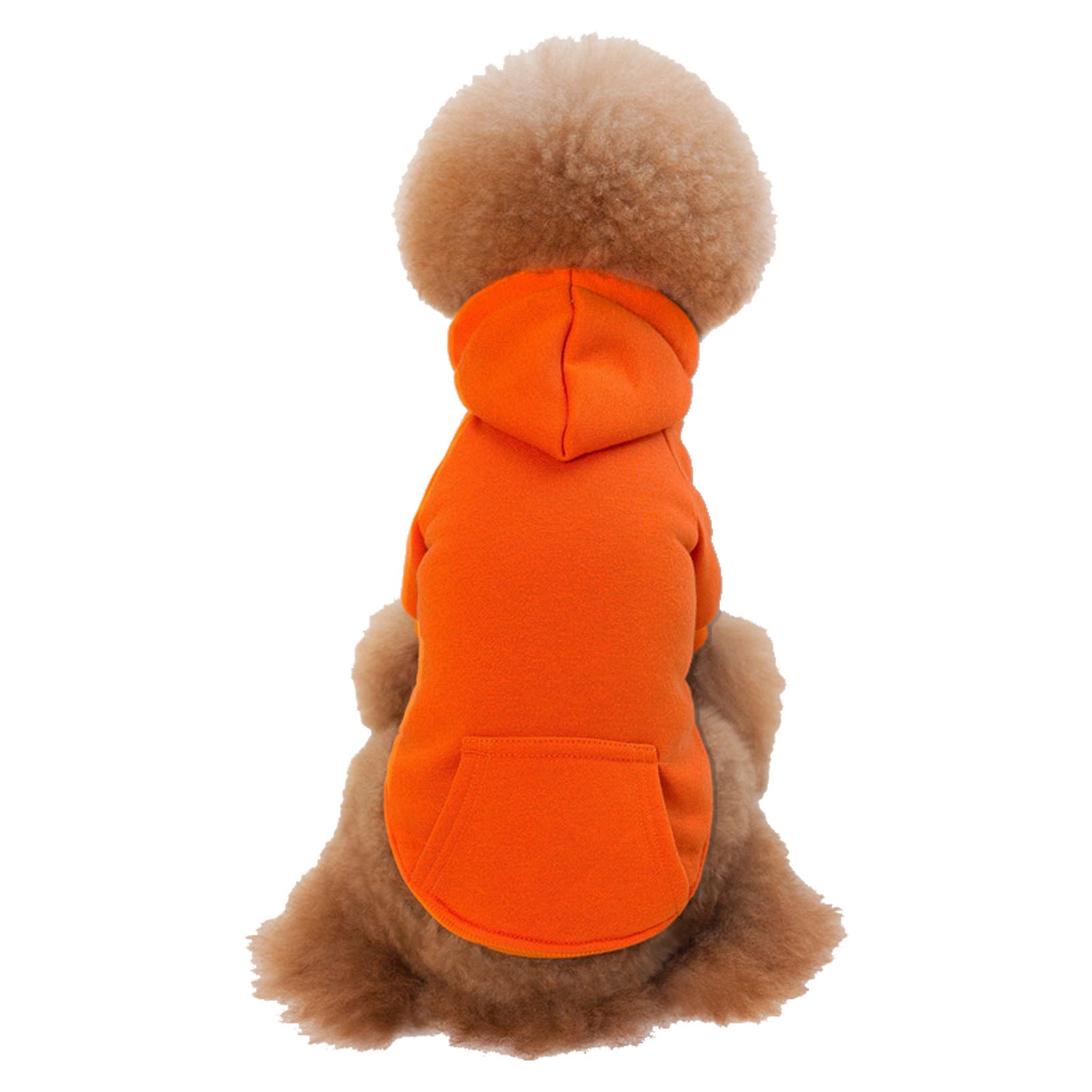 Chien en pull en fleece orange avec capuche, arrière, style décontracté pour petits et moyens chiens.
