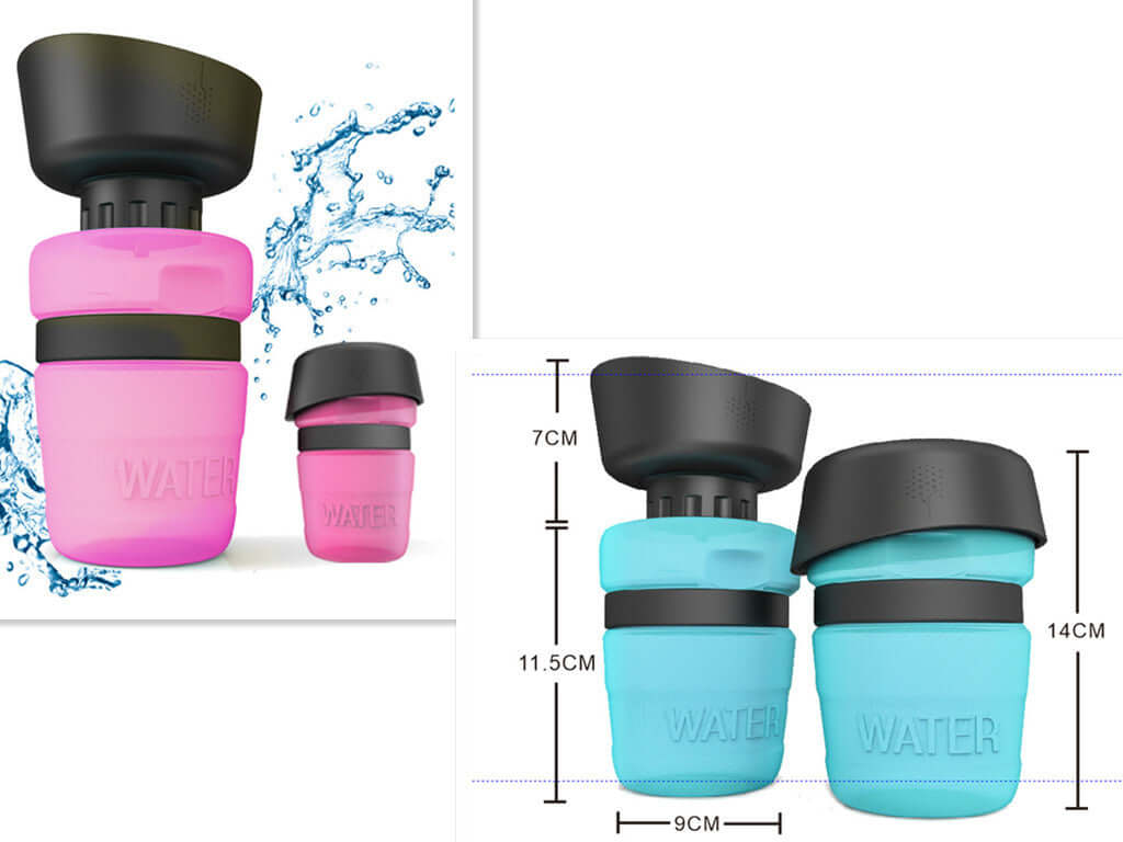 Bouteille d'eau pétillante pour animaux, silicone durable, disponible en rose et bleu, idéale pour les aventures.