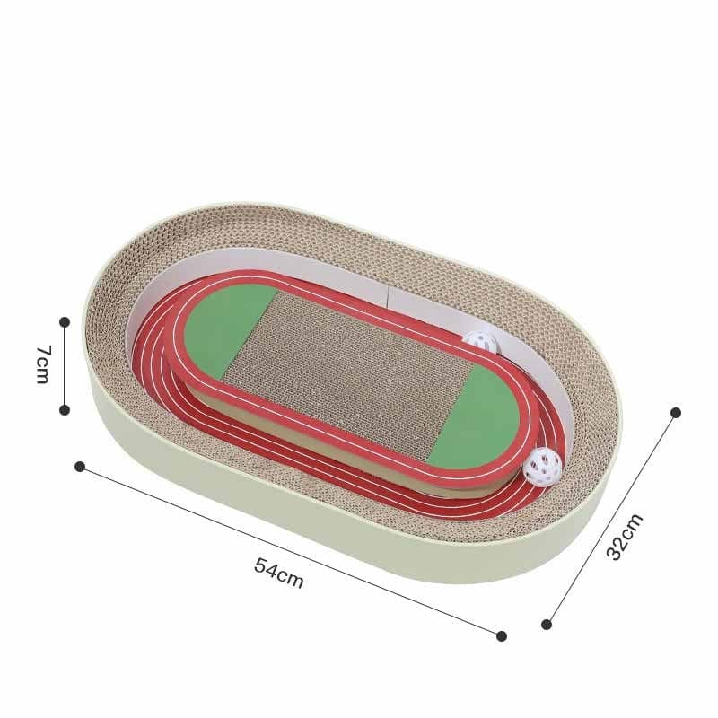 Plateau à griffer en carton oval avec terrain de football, idéal pour le jeu de chat et le grattage.