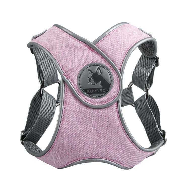 Harnais respirant pour chiens petits et moyens, léger en nylon maillé, couleur rose, design confortable et stylé.