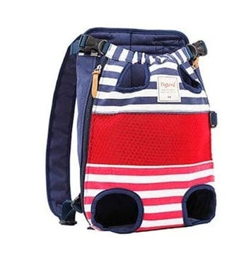 Sac à dos à rayures rouges et bleues pour transporter des animaux de compagnie, idéal pour chats et petits chiens.