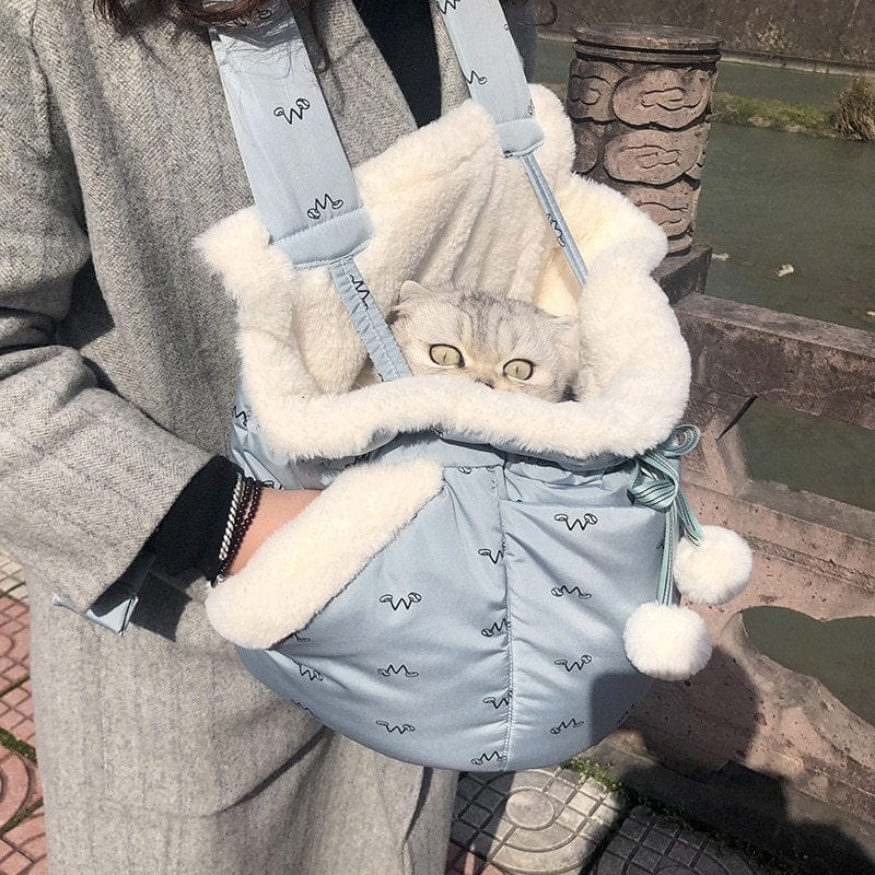Sac à dos de transport pour animaux avec un chat à l'intérieur, idéal pour l'hiver et les voyages.