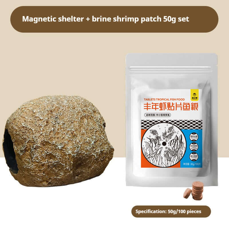 Magnetic shelter for fish tank with brine shrimp food set, ideal for aquatic habitat decoration.