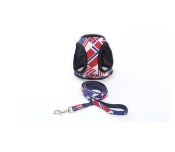 Gilet de randonnée pour chien avec sangle de protection, motif drapeau, confort et sécurité pour animaux.