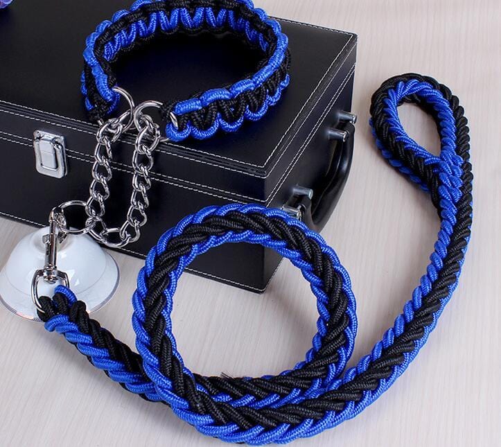 Collier et laisse pour chien en tissu noir et bleu, durable et confortable, parfaits pour les promenades.