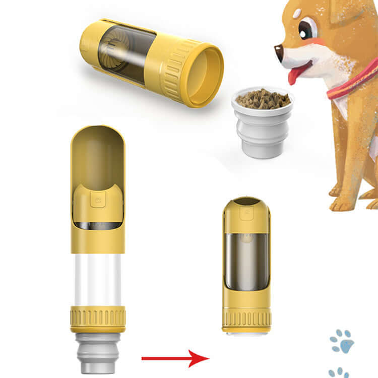 Gobelet portable pour chiens jaune avec compartiment pour nourriture, idéal pour sorties avec votre compagnon.