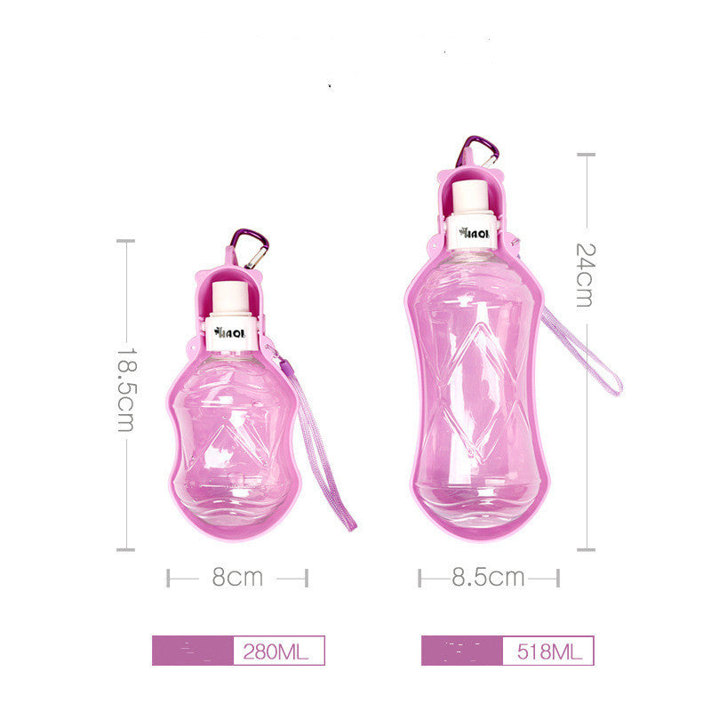 Bouteille d'eau portable rose pour chiens, 280ml et 518ml, idéale pour les aventures en plein air.
