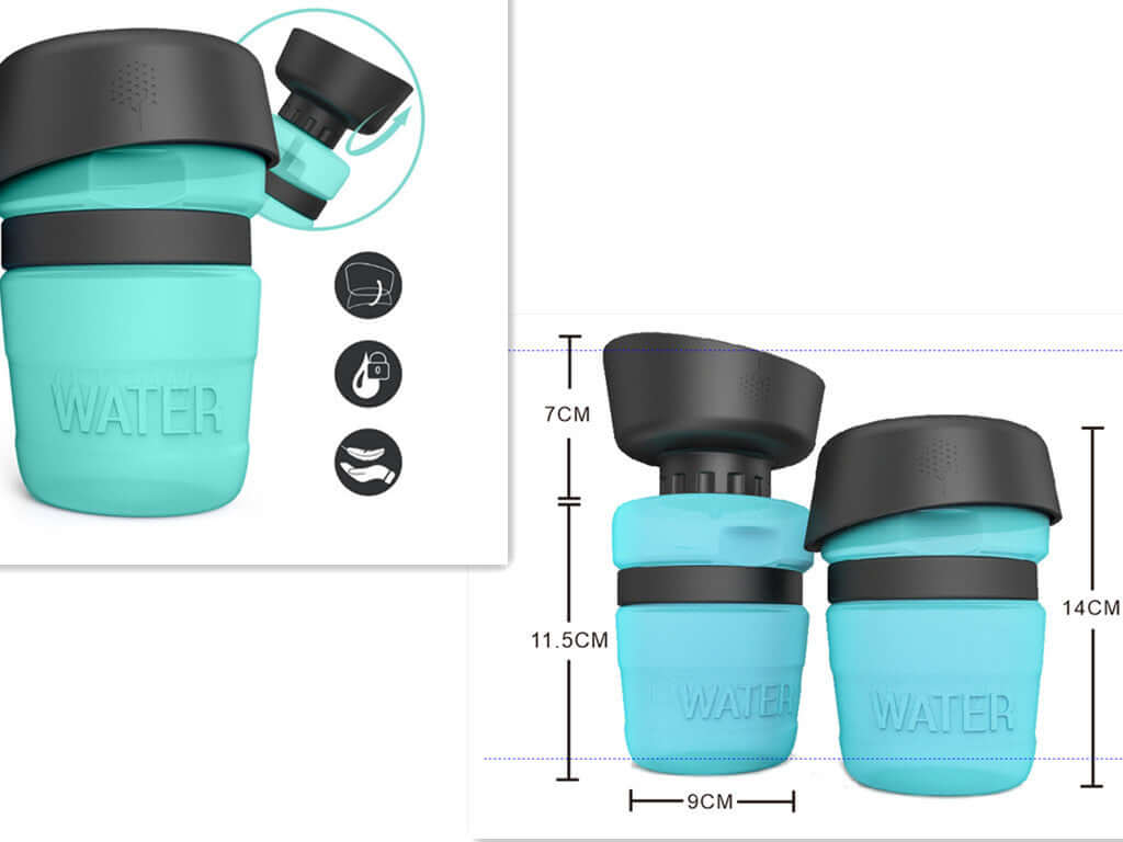 Bouteille d'eau pétillante pour animaux de compagnie en silicone bleu, 520ML, avec capuchon anti-fuites.