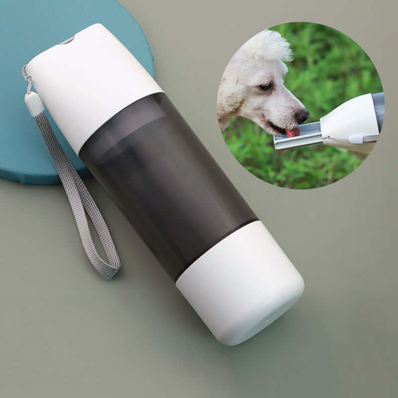 Bouteille d'eau portable pour chien 350ml avec mécanisme facile, idéale pour promenades et voyages.