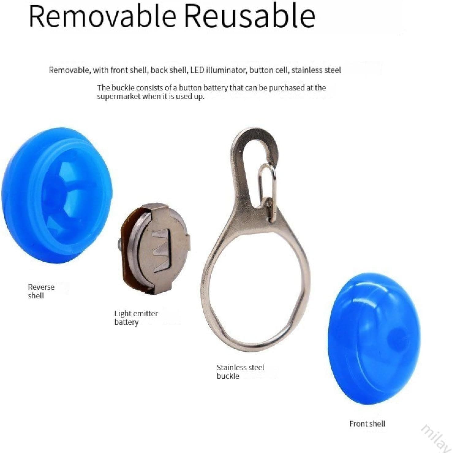 Components of a removable reusable LED pendant for pet collars, including shells, battery, and metal buckle.