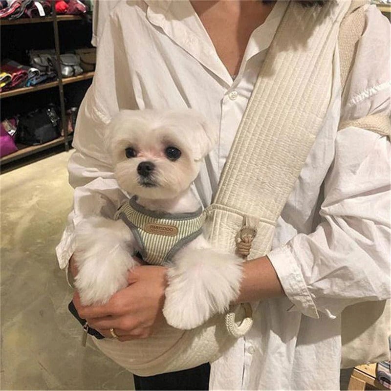Sac de transport pour chiots avec un petit chien blanc dans les bras d'une personne, idéal pour les voyages.