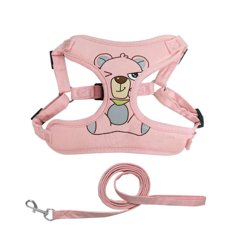 Harnais en suède pour animaux avec motif ours, rose, accompagné d'une laisse assortie.