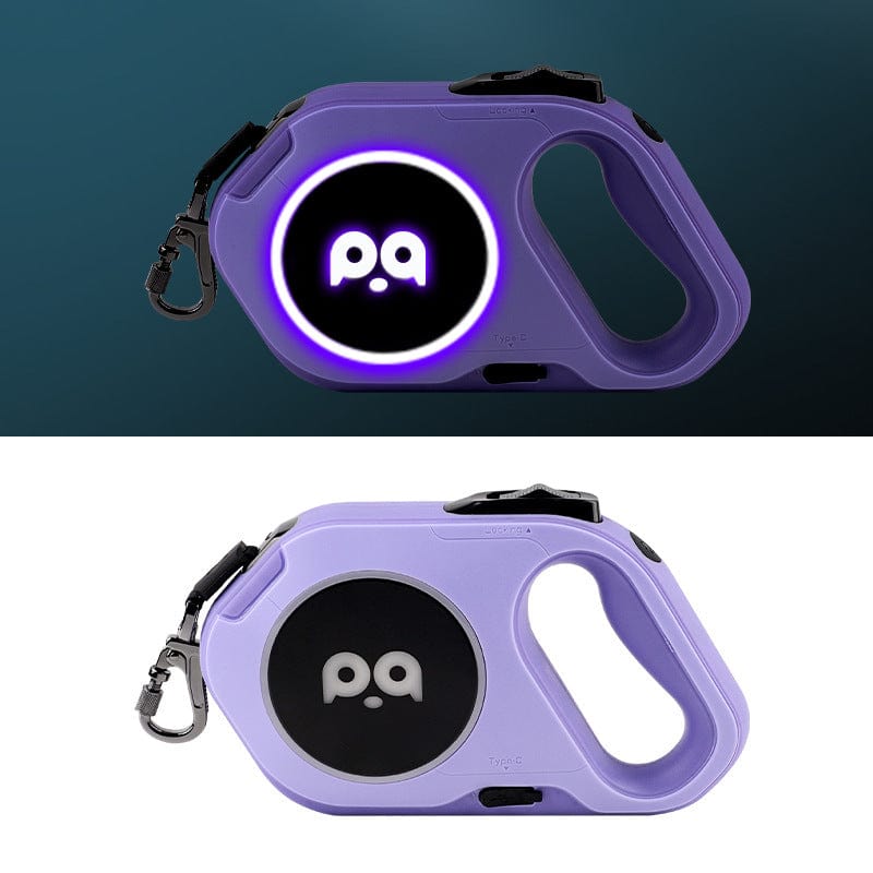 Laisse à chien LED rétractable automatique en violet, avec lumière intégrée pour sécurité nocturne.