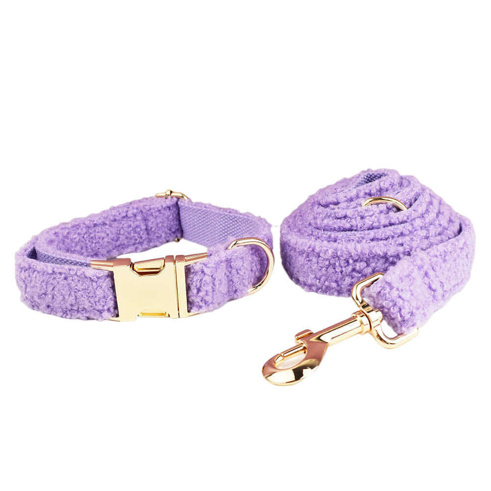 Laisse pour chien en violet avec boucle dorée, fabriquée en coton biologique, idéale pour les promenades.