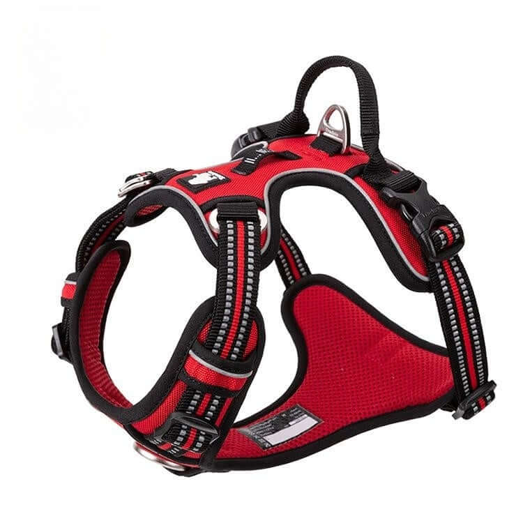 Gilet de sécurité pour chien en nylon rouge avec sangle et cordon de traction, confortable et durable.