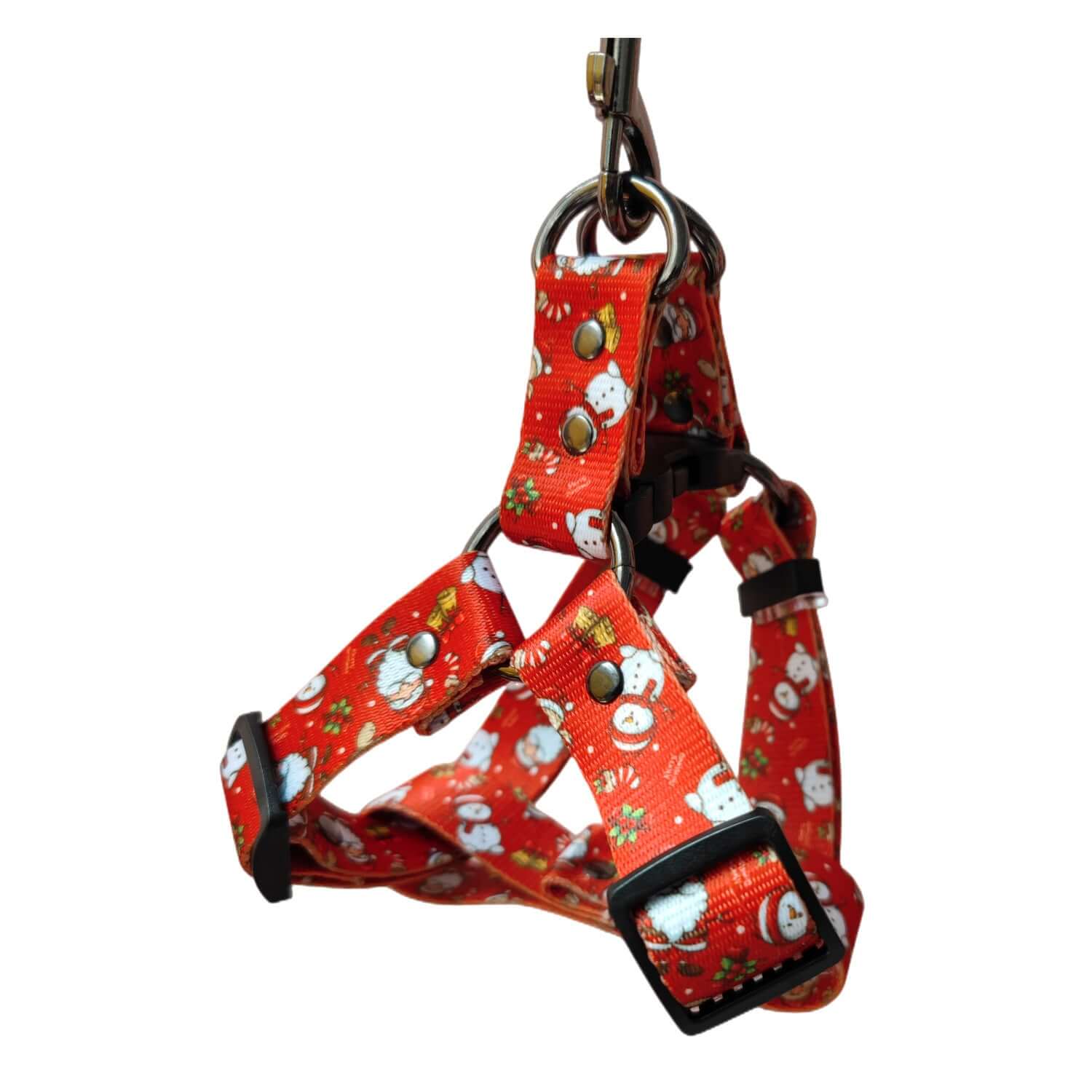 Harnais de Noël rouge pour chien avec motif de bonhomme de neige, idéal pour les promenades festives.