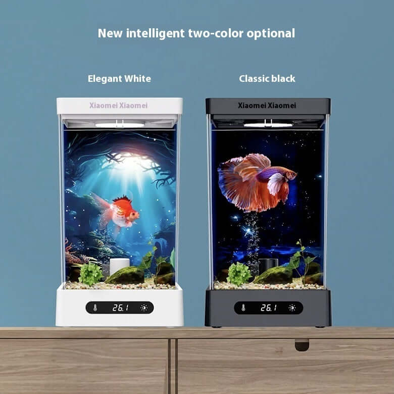 Cylindrical fish tank in elegant white and classic black, showcasing aquatic life and modern design.