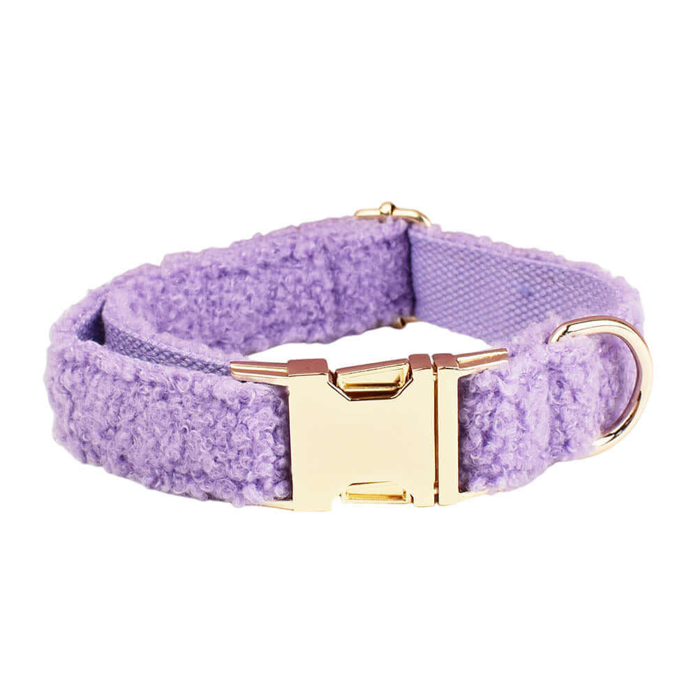 Collier pour petit chien en coton biologique violet avec boucle dorée et texture douce.