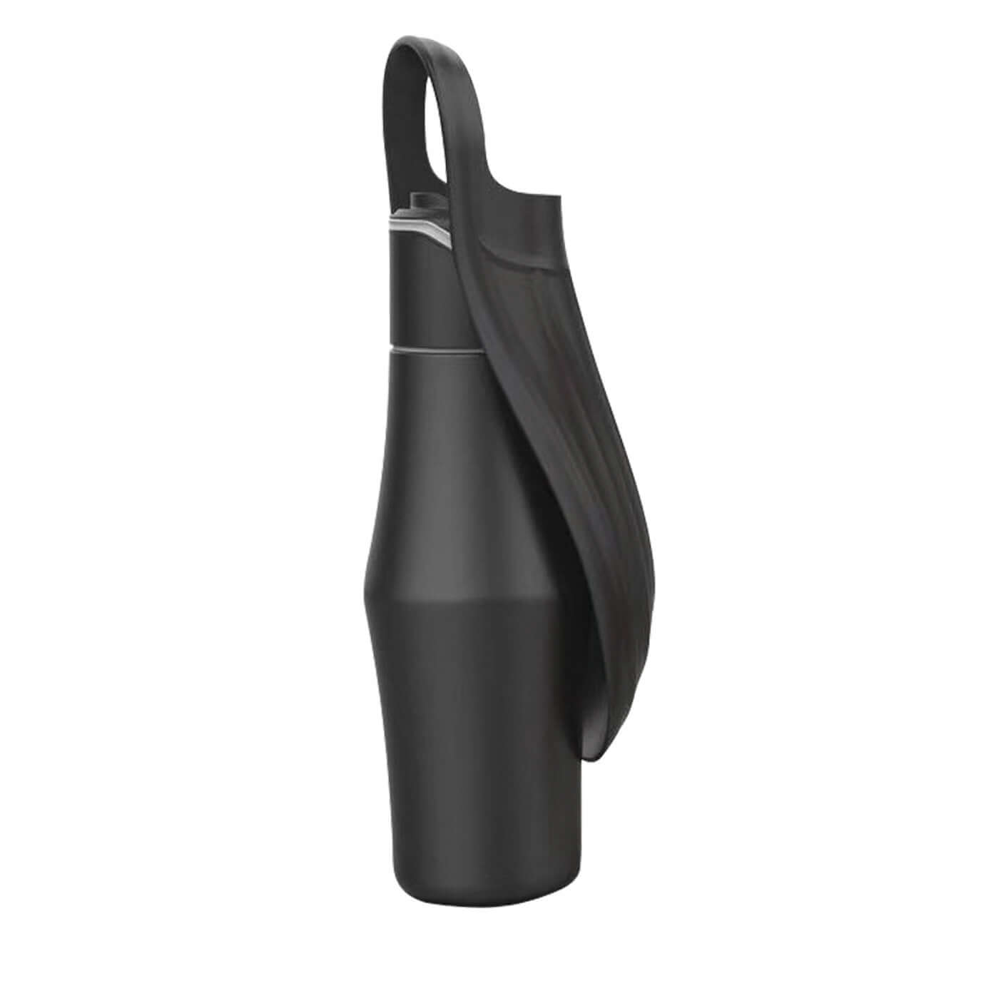 Bouteille d'eau portable pour chien en silicone noire, design pratique pour les déplacements avec animaux.