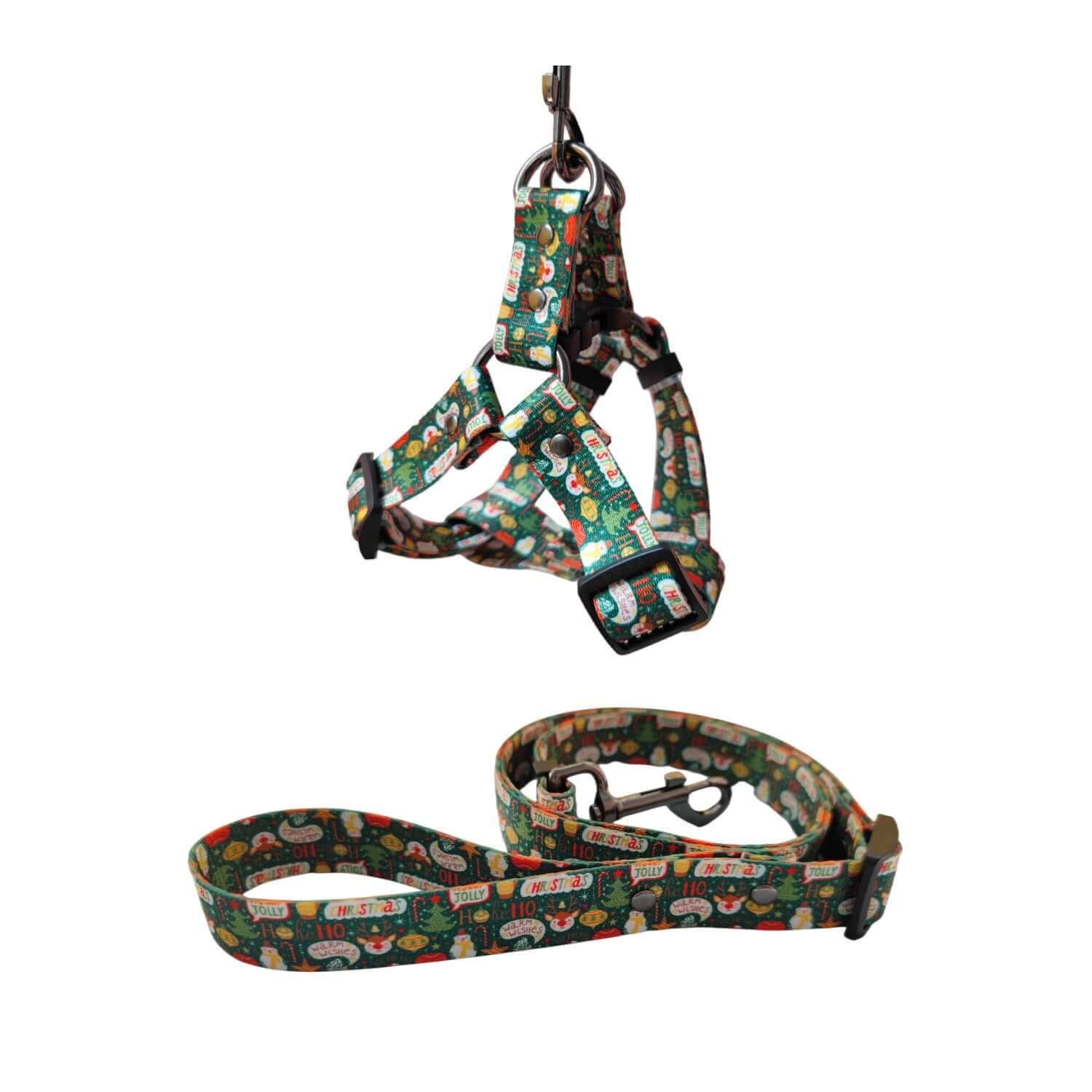 Harnais et laisse de Noël pour chien en polyester, motif festif, idéal pour des promenades stylées en saison des fêtes.