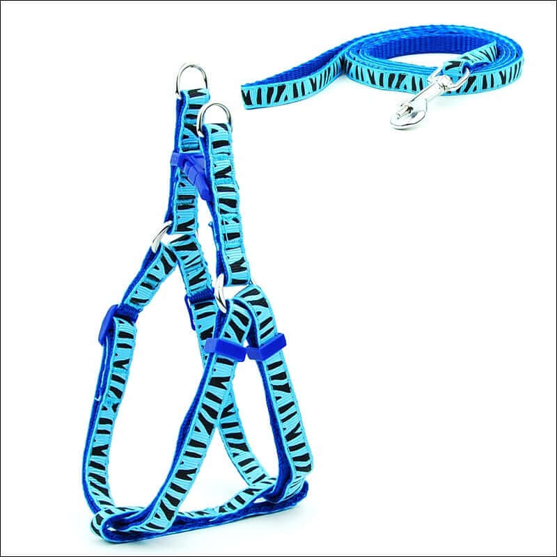 Harnais de sécurité pour chien et laisse assortie, design élégant bleu à rayures.