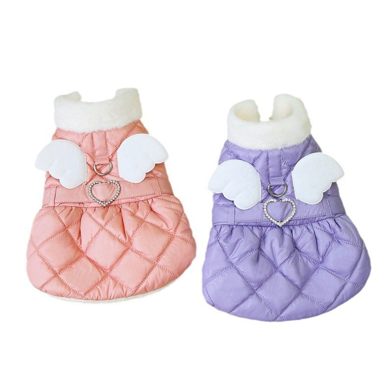 Jupe en coton épais pour petits chiens en rose et violet avec ailes d'ange et cœur, style décontracté et confortable.