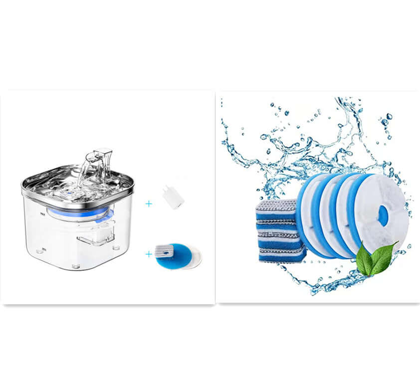 Fontaine automatique en acier inoxydable pour animaux avec filtres et eau en mouvement.