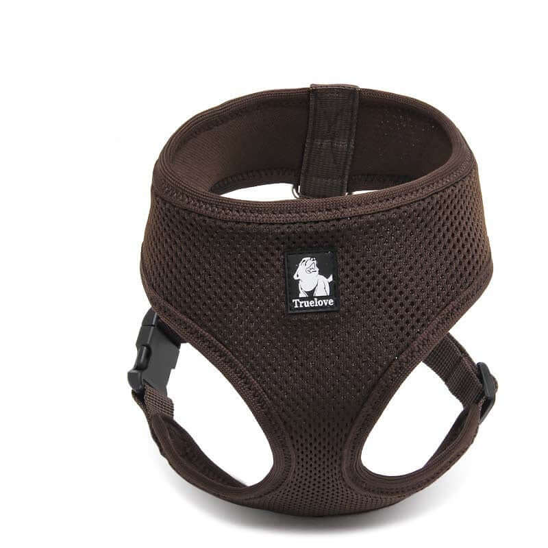 Harnais respirant pour chien marron avec boucle en acier inoxydable, conçu pour le confort et la sécurité des animaux.